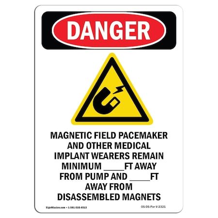 OSHA Danger Sign, Magnetic Field Pacemaker, 5in X 3.5in Decal, 10PK